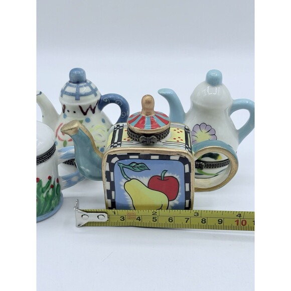 Vintage Miniature Teapot Trinket Box Hinged Lid Set Of 4 Flowers & Fruit - Picture 11 of 11